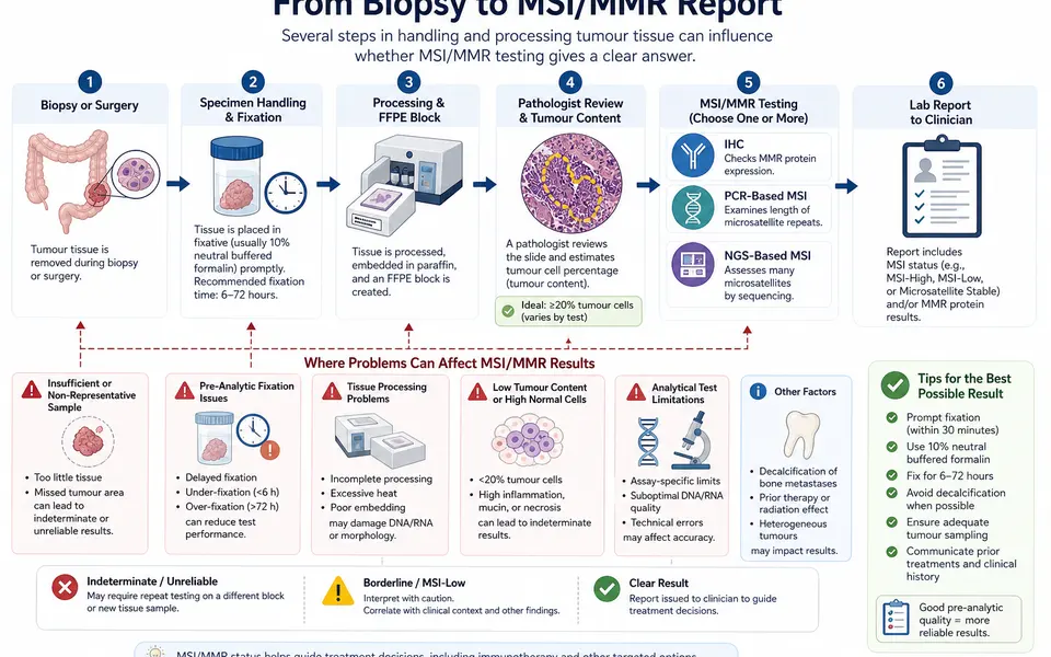 Flow diagram from biopsy and FFPE block through pathology review, MSI/MMR testing and final report, with flags for sample quality issues.