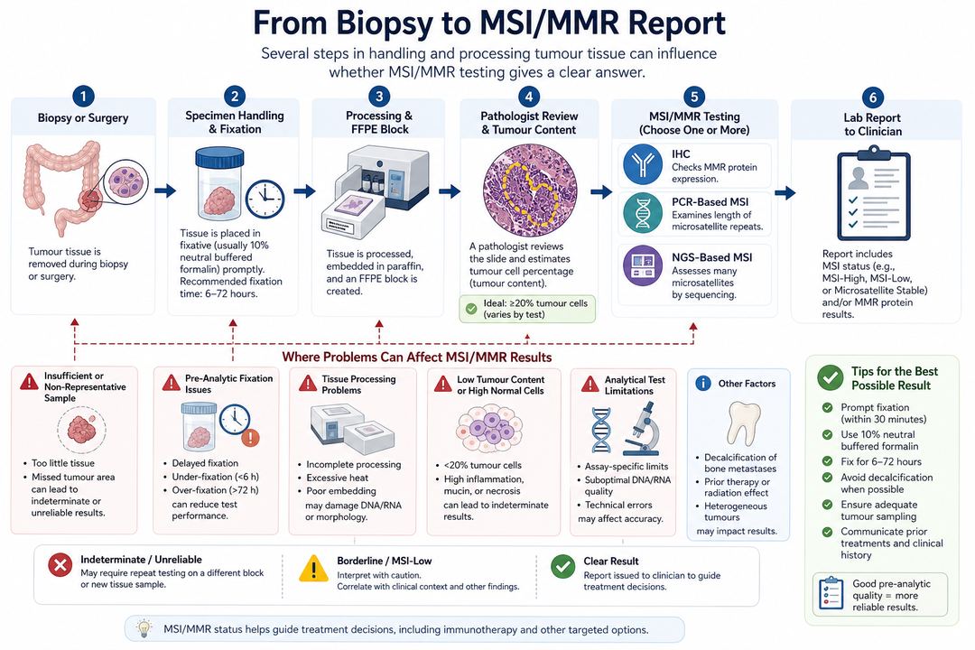 Flow diagram from biopsy and FFPE block through pathology review, MSI/MMR testing and final report, with flags for sample quality issues.
