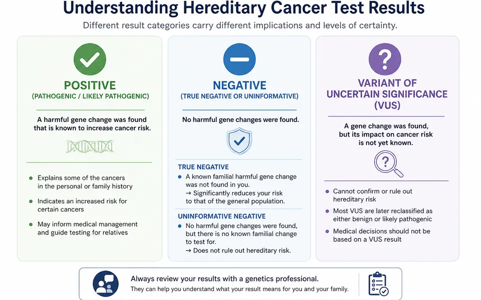 Infographic with three columns labelled positive, negative, and variant of uncertain significance, summarising what each hereditary cancer test result generally means.