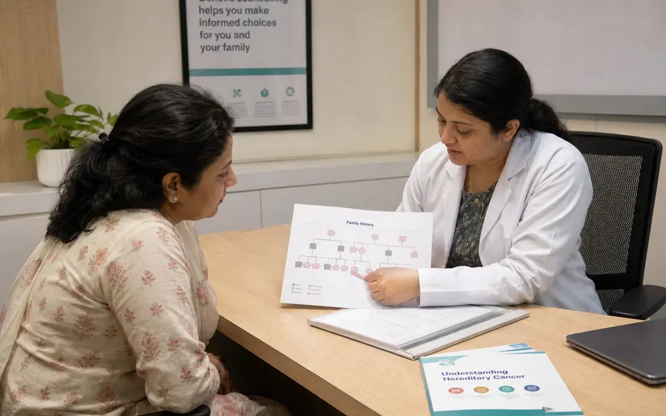 An Indian woman discussing genetic test results with a clinician or genetic counsellor in a consultation room.