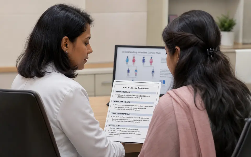 Genetic counsellor discussing a BRCA test report with a patient in an Indian clinic setting.