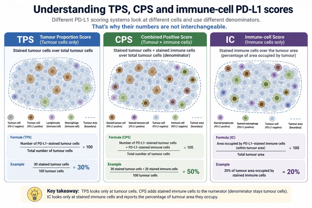 Side-by-side schematic of tumour tissue showing how TPS, CPS and immune-cell scores are calculated from PD-L1 staining.