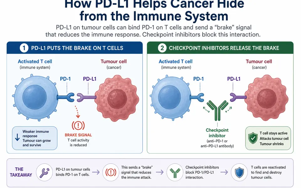 Simplified diagram showing a T cell with PD-1 interacting with a tumour cell expressing PD-L1, and an antibody blocking this interaction.