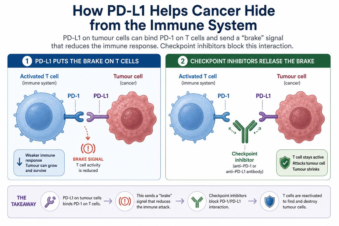 Simplified diagram showing a T cell with PD-1 interacting with a tumour cell expressing PD-L1, and an antibody blocking this interaction.
