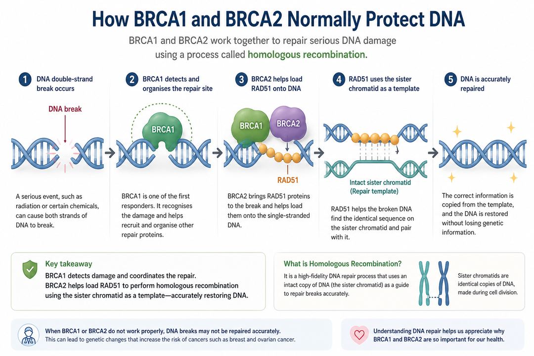 Illustration of BRCA1 and BRCA2 helping repair a DNA double-strand break using an intact DNA template.