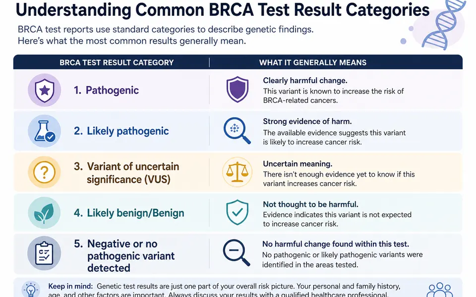 Chart listing BRCA test result categories such as pathogenic, likely pathogenic, VUS, benign and negative with brief meanings.